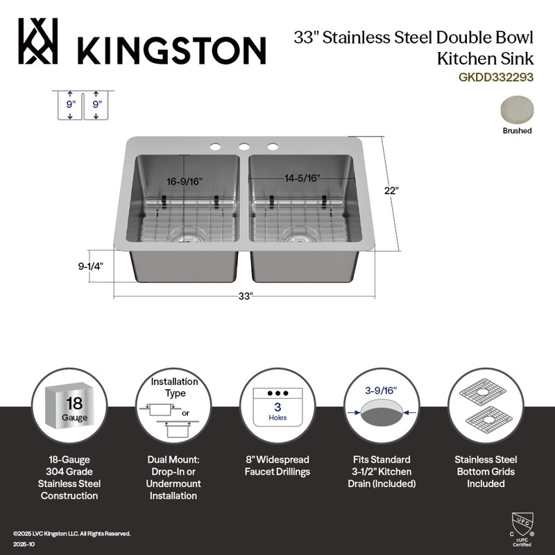 Évier de cuisine en acier inoxydable à double cuve avec drain Kingston, 3