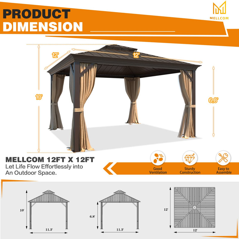 12' X 12' Hardtop Gazebo, Double Galvanized Steel Roof, Aluminum Frame With Netting And Curtains