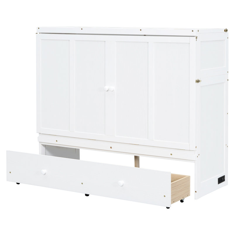 Lit blanc avec port et armoire spacieuse avec tiroir - Stable et vaste rangement