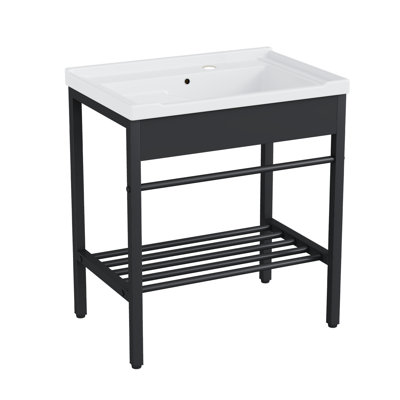 28" W x 31.1" H  Freestanding Laundry Sink with Integrated Washboard and Black Metal Frame