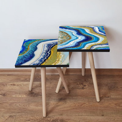 Ensemble de 2 tables gigognes élégantes en marbre, conception abstraite, 13,8 x 18,5 x 13,8 pouces et 13,8 x 16,5 x 13,8 pouces | 100% panneau de fibres à densité moyenne avec des pieds en bois de hêtre, robuste et élégant pour le salon, décoration intérieure moderne