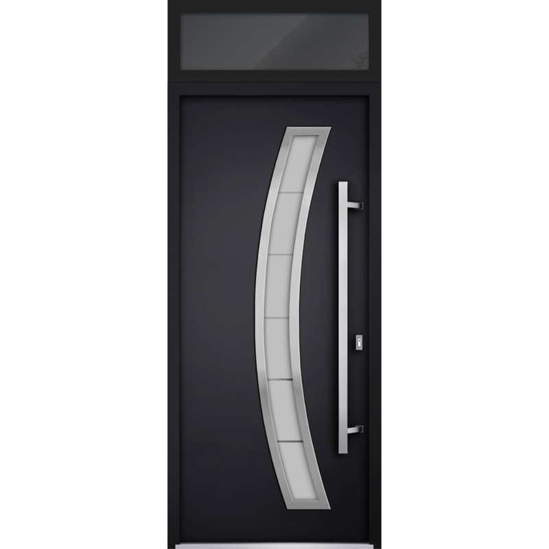 Porte d'entrée extérieure prémontée en acier Deux 6500, blanc, avec fenêtre supérieure et inserts en acier inoxydable. Style moderne, peinturé, largeur 36 po x hauteur 80 + 16 po, ouverture à droite vers l'intérieur.