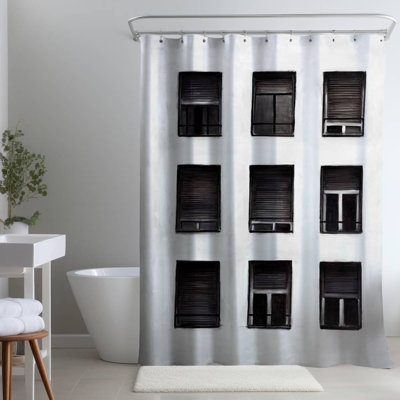 Contemporary Gray – Windows Design Home – Polyester Shower Curtain, Dye Sublimation Print, 71" W × 74" L