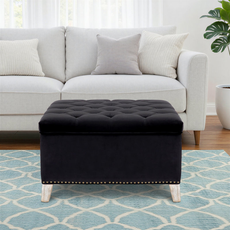 Repose-pieds carré avec rangement en velours de 29,5 po Kirsten, Velours noir
