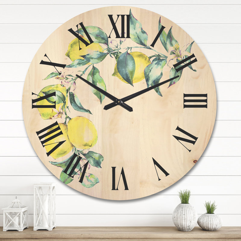 Horloge murale branche de citrons et feuilles II, Très grand