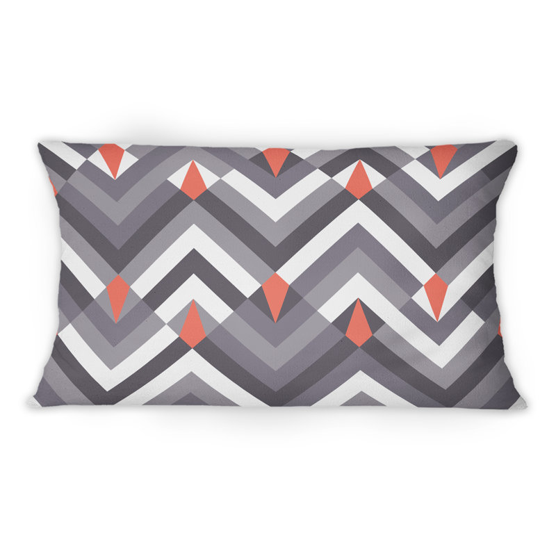 Coussin décoratif gris à motif géométrique à chevrons géométriques rouges et rouges