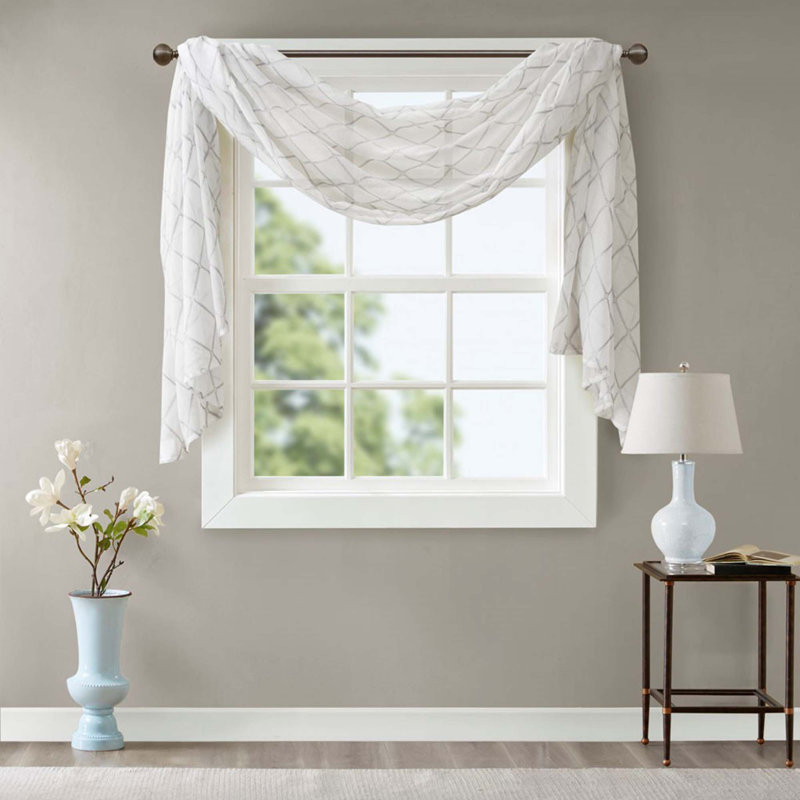 Diamond Sheer Embroidered Window Scarf, Gray/White, 50" W x 144" L