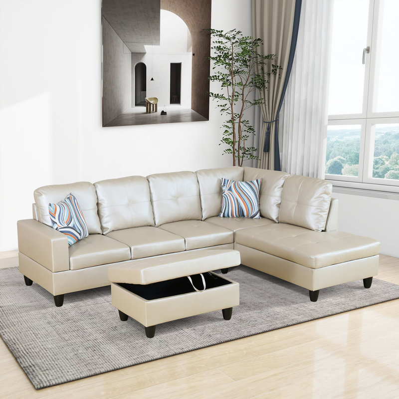 Brevard Faux Leather L-Shaped Sectional, Right Hand Facing, Shiny Cream