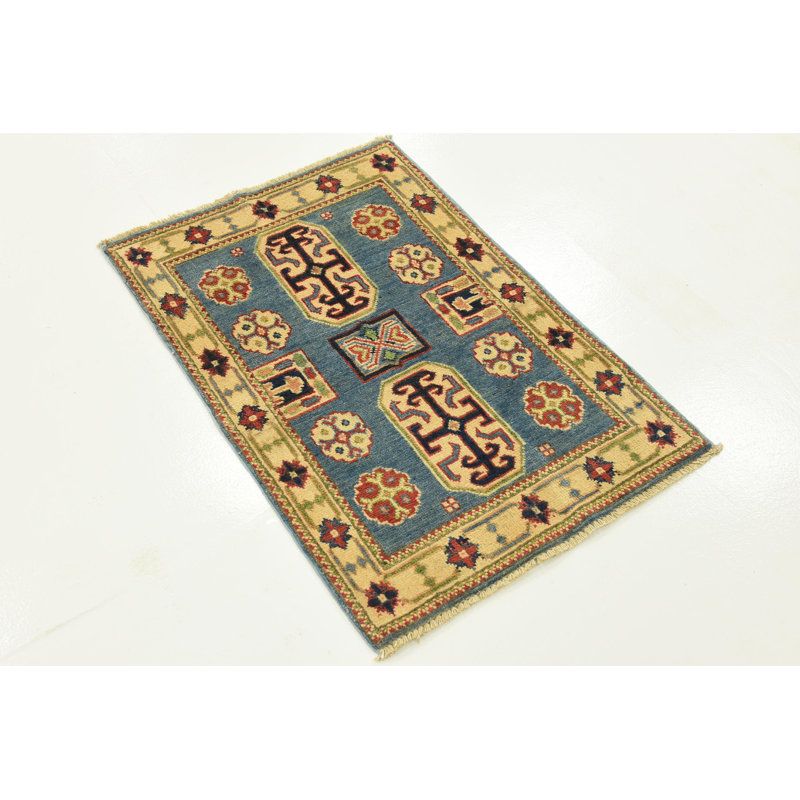 Tapis de zone en laine beige/bleu 2 pi x 3 po à la main one-of-kind noué la Alayna