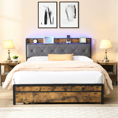 Très grand cadre de lit très grand avec fonction de rangement, tête de lit tapissier à DEL, roulettes à 2 tiroirs, chargement, gris, sans sommier, installation simple, conception de chambre à coucher moderne, métal pour la durabilité, DEL antibruit