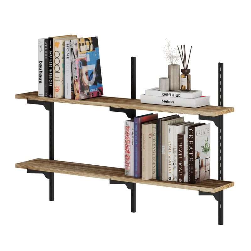 36" X 6" Floating Bookshelf For Living Room & Office Decor, Wall Shelving Unit With Adjustable Brackets, Wall Mounted Shelf, Wooden Shelf For Home Organization, Boho & Farmhouse Decor, Burnt, 2 Tier