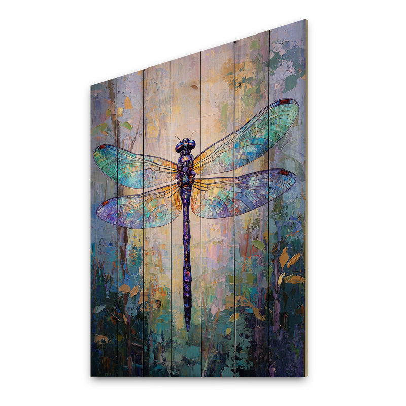 Libellule ailes iridescentes - décoration murale moderne en bois sur bois de pin naturel, H 44 po x l 34 po