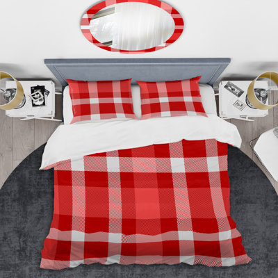 Tartan à carreaux rouge et blanc - Ensemble de housse de couette abstrait - Microfibre de polyester