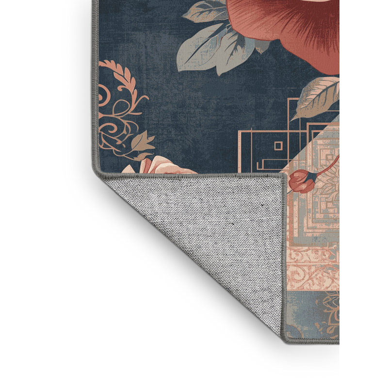 Machine Washable Oyan Pink Rose Florentiner Floral Rug in Gray – Gray Binding, 3' Square
