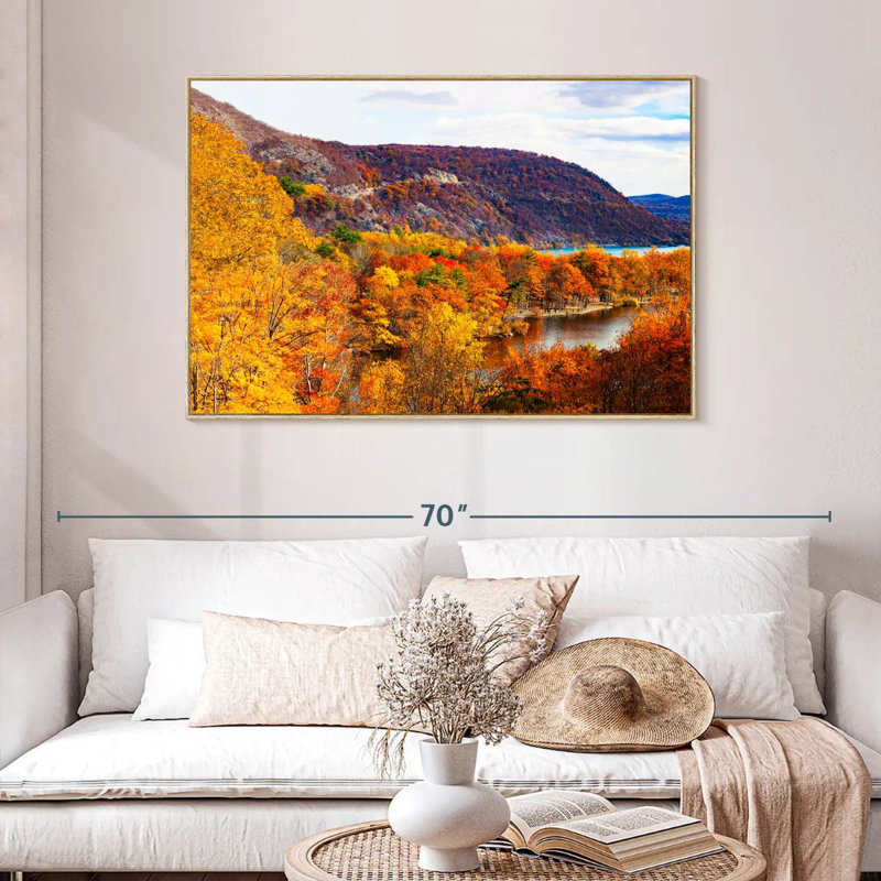 Paysage d'automne avec ours, Cadre flottant en bois naturel, 46 po x 31 po