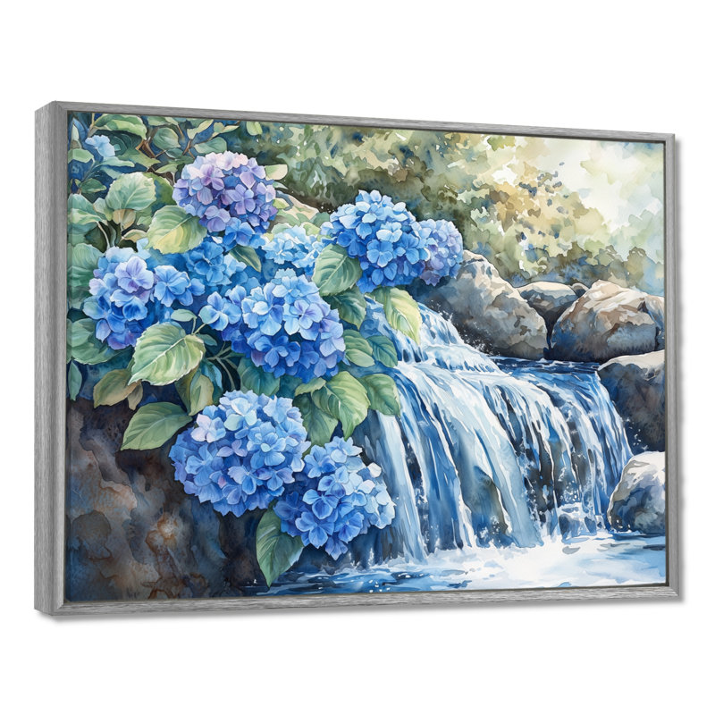 «Ilyena Hydrangeas By The Waterfall II», art mural hortensias, Argent argent, H 12 po x l 20 po, Floater Framed