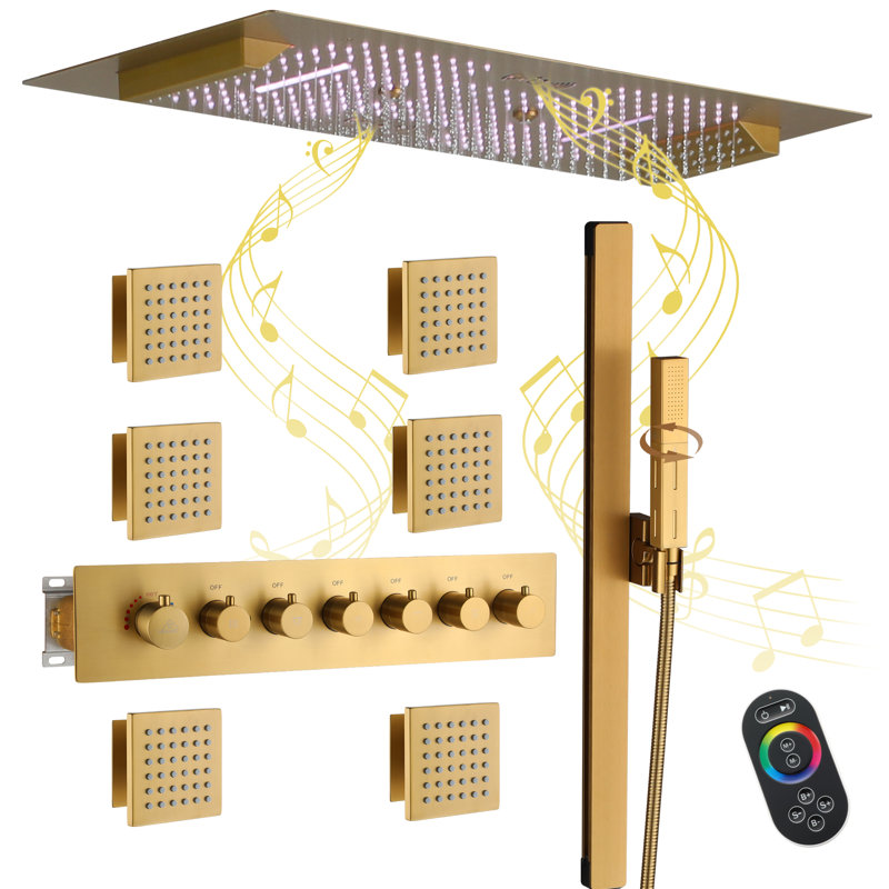 Rodeo 36-Inch LED & Music Rainfall Thermostatic Shower System with Slide Bar and 2-in-1 Handheld, Brushed Gold