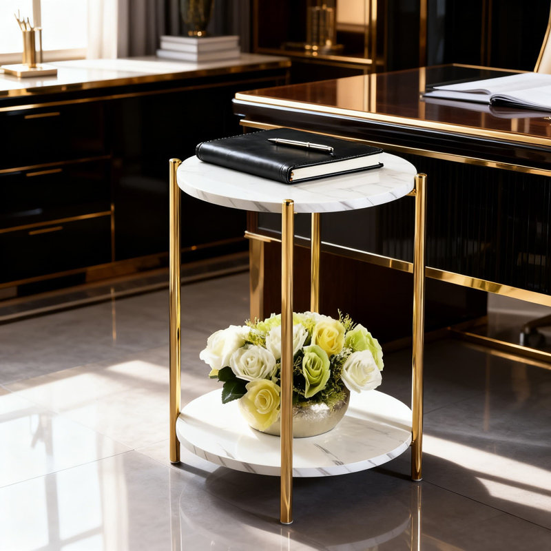 Table d'appoint moderne à 2 niveaux avec plateau en faux marbre et structure en métal doré, table de bout peu encombrante pour le salon, la chambre à coucher ou le bureau