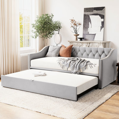 Lit de jour simple avec revêtement gris et lit gigogne ajustable pour adultes revêtus de plusieurs espaces fonctionnels, sans sommier tapissier