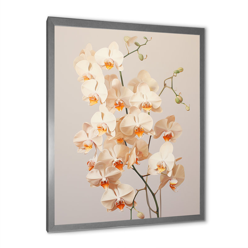 Orchidées beiges tranquillité V, Cadre simple argenté, H 32 po x l 16 po x P 1 po