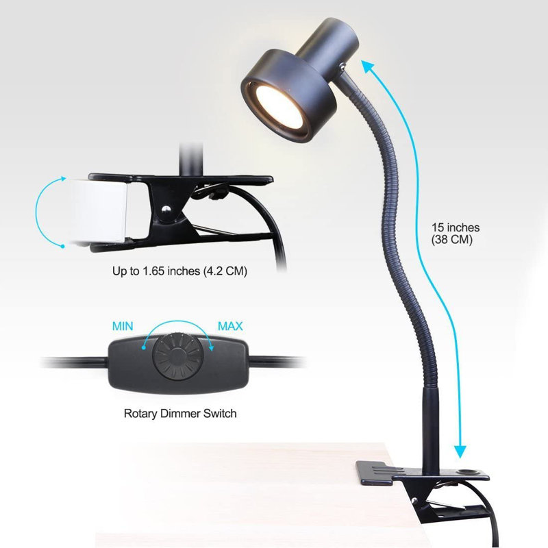 O’Bright LED Clip-On Light Desk, Dimmable LED Desk Lamp With Metal Clamp, 5W LED, Silver, Black