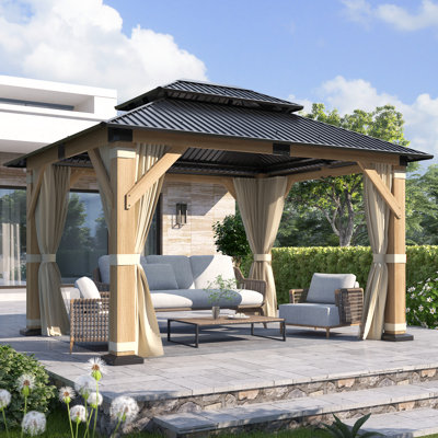 Outdoor Cedar Wood Patio Hardtop Gazebo with Curtain and Nettings