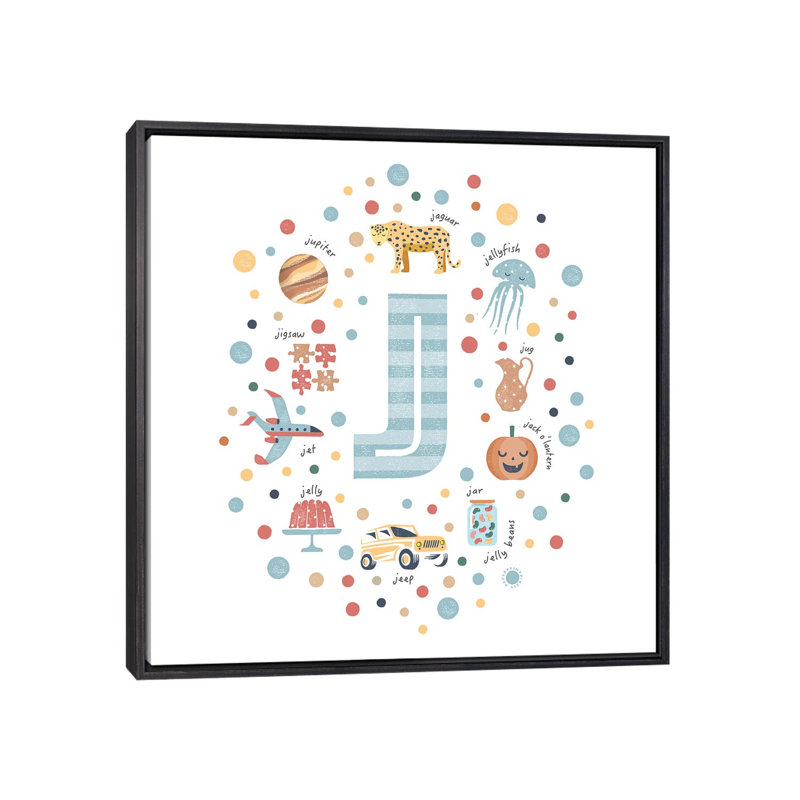 Lettre illustrée J bleue - impression, H 26 po x l 26 po x P 1,5 po, Toile avec cadre noir patiné, Pas de tapis