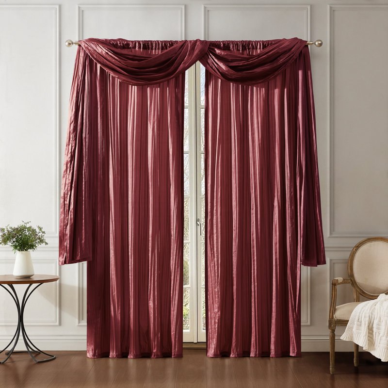Ensemble de rideau et écharpe en soie semi-diaphane Danielly, 52 po x 84 po, Rouge brique