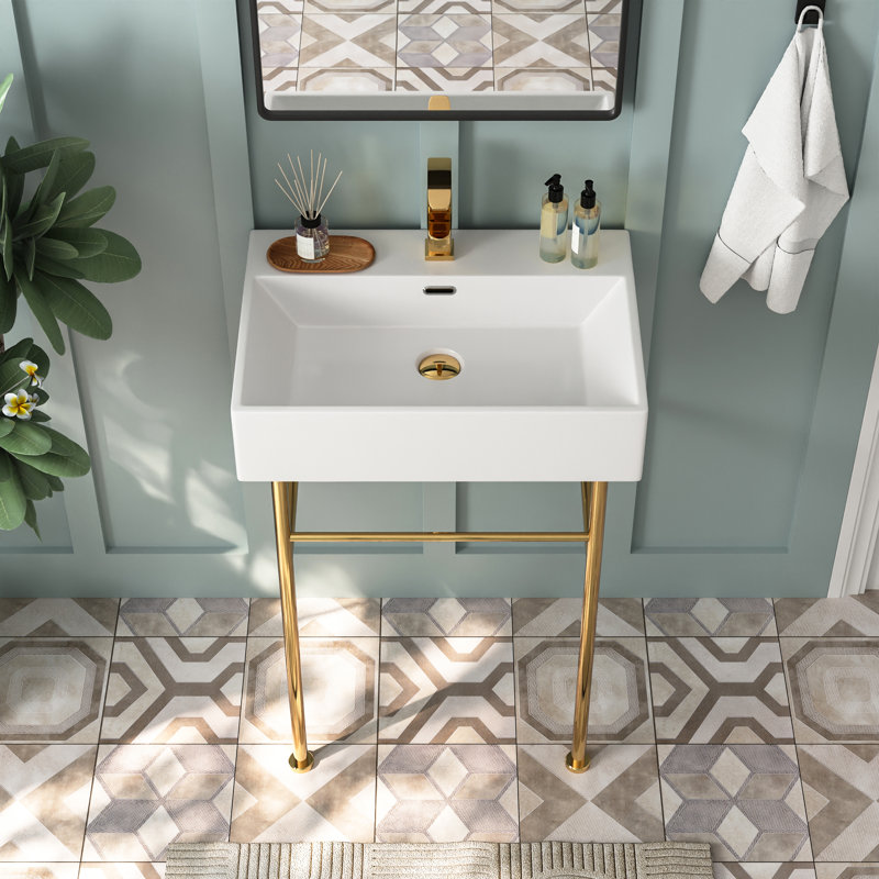 Ceramic White Rectangular Single Faucet Hole 24 in Console Bathroom Sink with Overflow, White/Gold