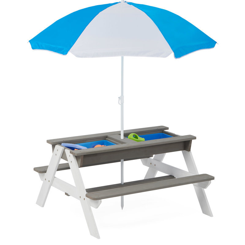 Table de pique-nique d'extérieur en bois avec parasol amovible - 31 tables de sable et d'eau multifonctionnelles, gris, bois naturel