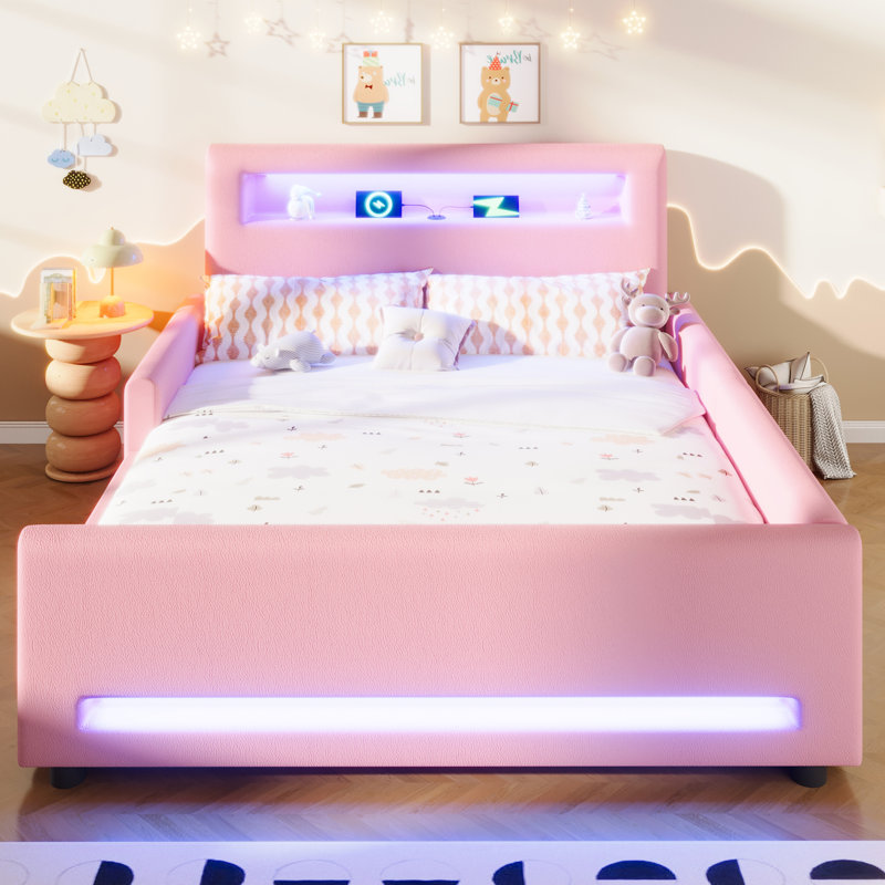 Full Size Upholstered Platform Bed with Storage Drawers, LED Light Strip & USB Charging Port, Pink, Full, Pink