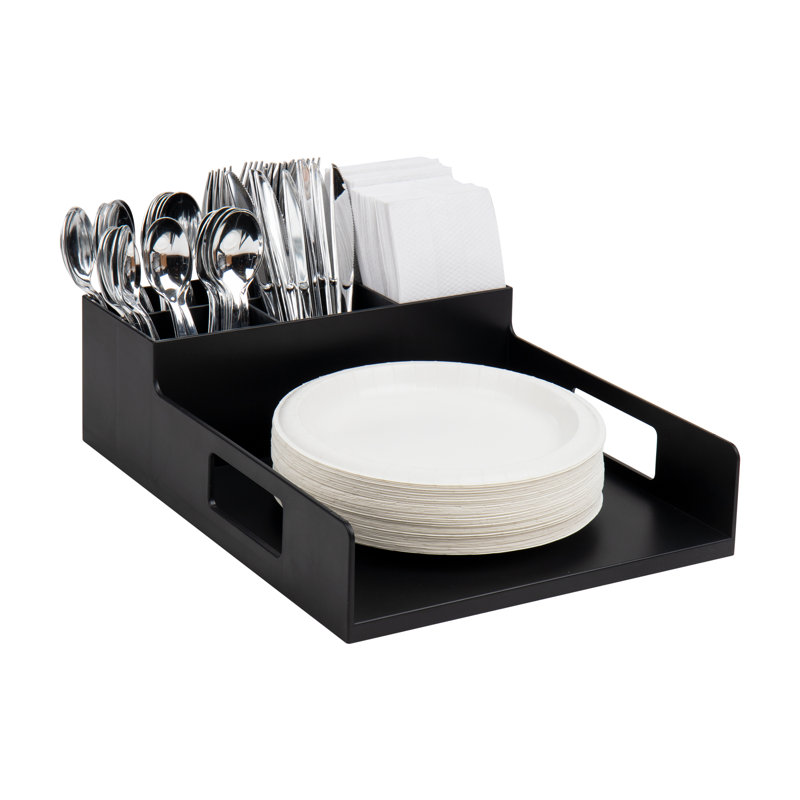 Plateau porte-ustensiles et porte-ustensiles, support de comptoir avec 7 compartiments, peut contenir des assiettes jusqu'à 10,5 pouces, rangement pour salle de pause et buffet, plastique, noir