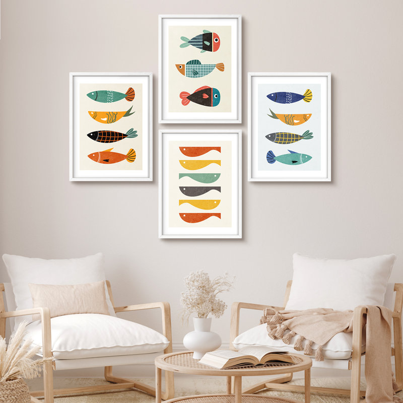 «Colorful Fish Coastal Modern», impression encadrée, affiches, salle de bain, petit art mural, Noir, noir, noir, noir