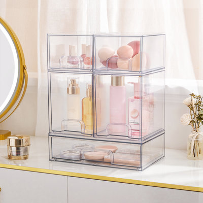 Stackable Storage Drawers Set Of 5, Clear Plastic Organizer Bins For Baby Bottle, Beauty Supplies Storage, Ideal For Kichen Countertop, Vanity, Bathroom, Cabinet, Pantry Organization