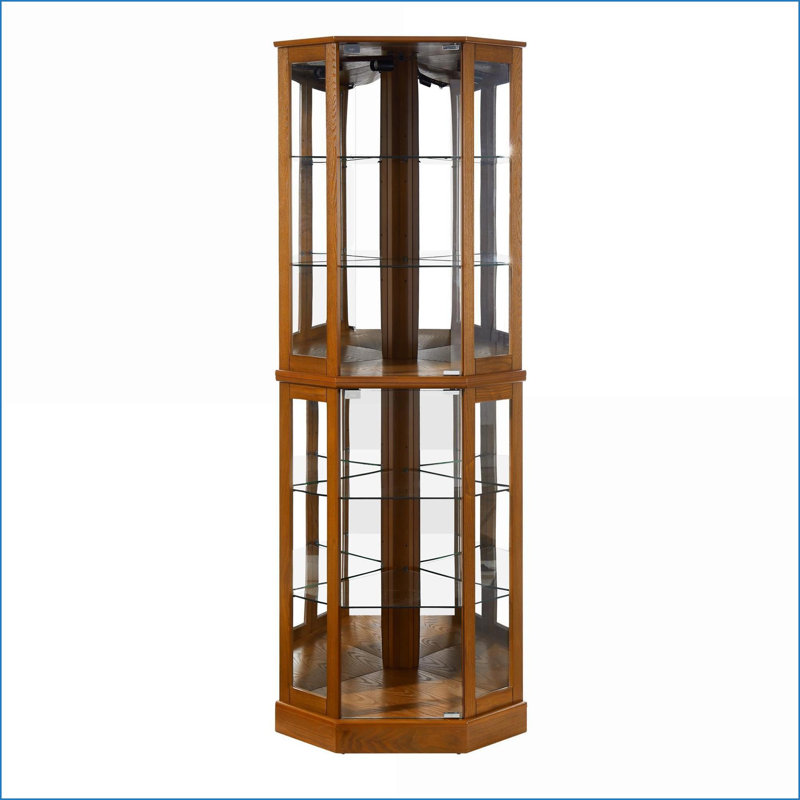 Cabinets, 72"H Traditional Corner Curio with Lights, Mirrored Back &amp; Adjustable Shelves | Walnut Brown | Engineered Wood | Living Room