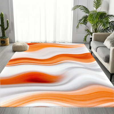 Tapis orange orange et blanc à motif de marbrures fluides, motif de veines de pierre lisse, tapis de sol antidérapant doux et durable lavable à la machine, décoration intérieure moderne et élégante pour le salon, la chambre à coucher, le vestibule, la porte d'entrée, la cuisine, le balcon et l’appartement