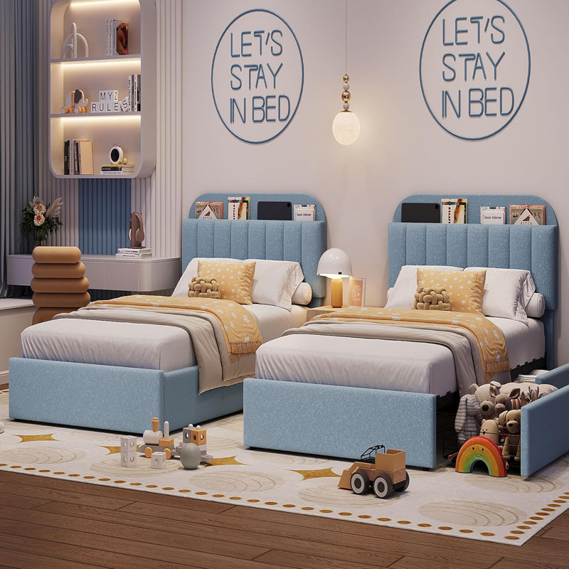 Bed Frame with 2 Flexible Drawers and Bookcase Headboard, Boucle Upholstered Platform Bed, Noise-Free, Easy Assembly, No Box Spring Needed
