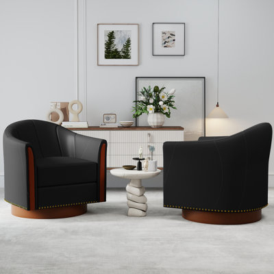 Modern Leather Swivel Barrel Chair with Solid Wood Base（Set of 2)