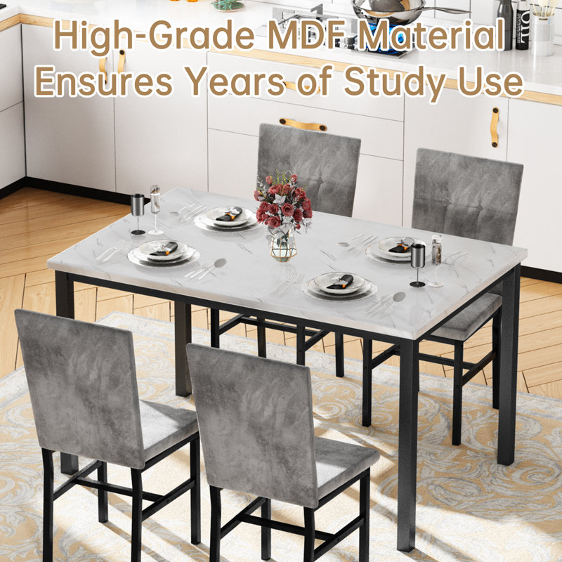 Modern Faux Marble Dining Table Set with Gray Velvet Chairs