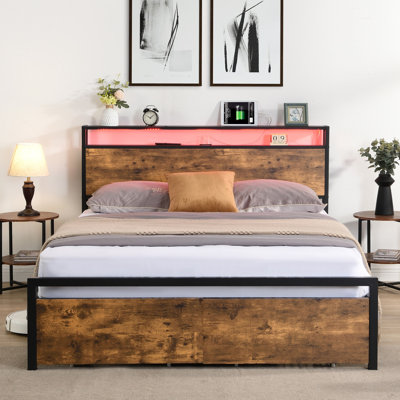 Storage Bed with Storage Headboard and 2 Drawers, LED Lights Bed with Charging Station