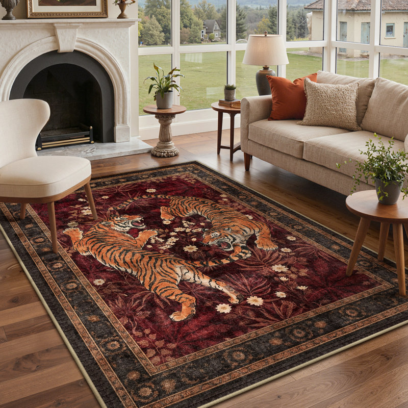 Gemini Oriental Machine Washable Red Indoor Area Rug with Non-Slip Backing, Rectangle 8' x 10', Red/Gray