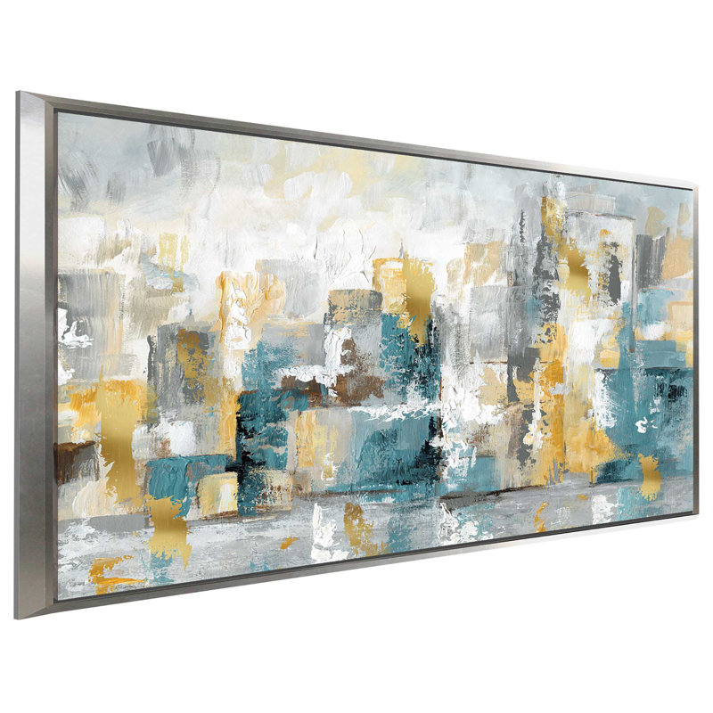 «City Views I», reproduction de peinture acrylique, H 31,5 po x l 51,5 po x P 2 po, Cadre flottant argent