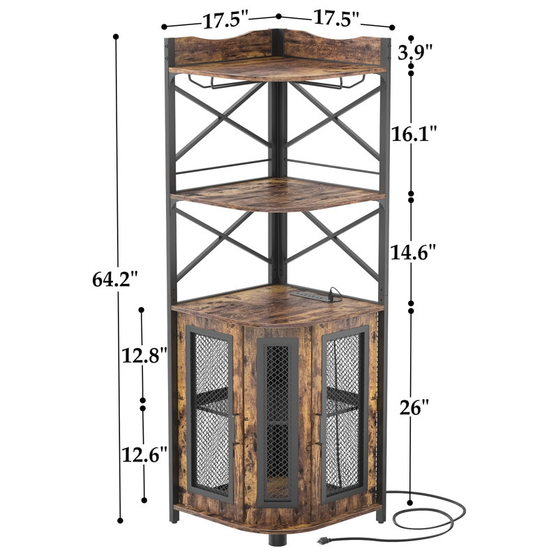 Xachary 64.2 ”Height, 25.6''Width Conner Bar Cabinet with Wine Storage and Led Strip, Rustic Brown/Black