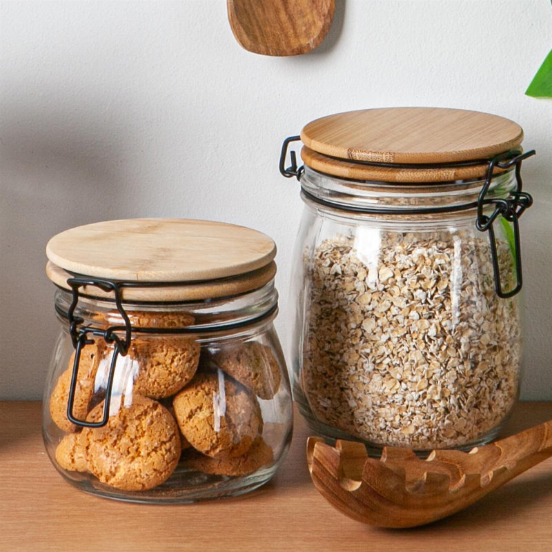 Argon Tableware - Wooden Clip Lid Storage Jars with Black Seal - Set of 6, 10.5cm H x 11cm W x 12.5cm D