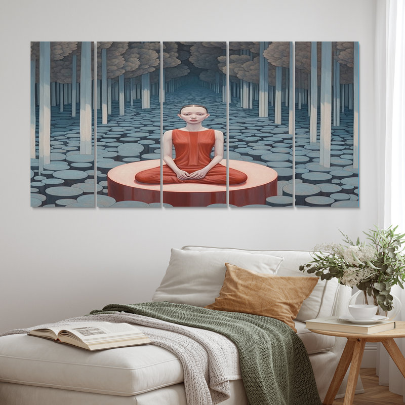 «Mindfulness Woman In Red Meditating In The Forest», reproduction sur toile - 5 panneaux égaux