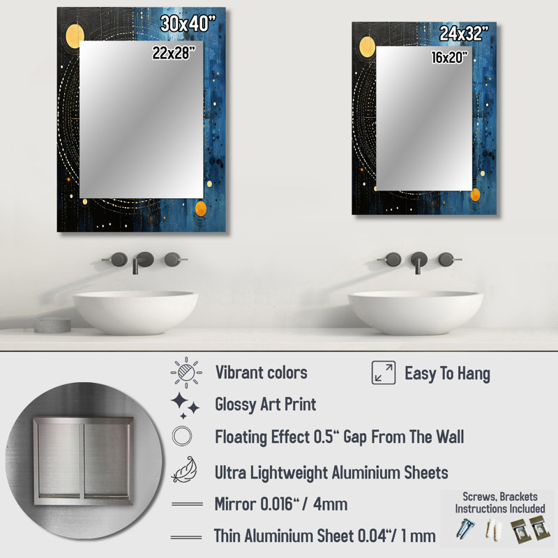 Bleu minimalisme lune V - miroir mural minimaliste, miroir décoratif moderne, impression d'art en métal, 32 po x 24 po