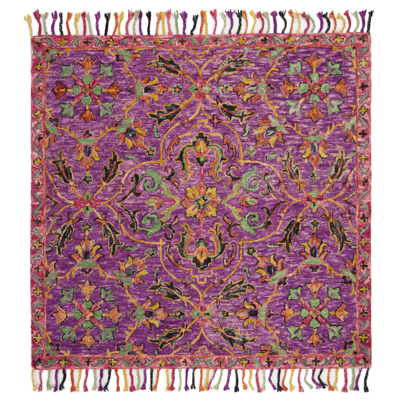 Ferrera Hand-Knotted Wool Purple Area Rug, Square 6'