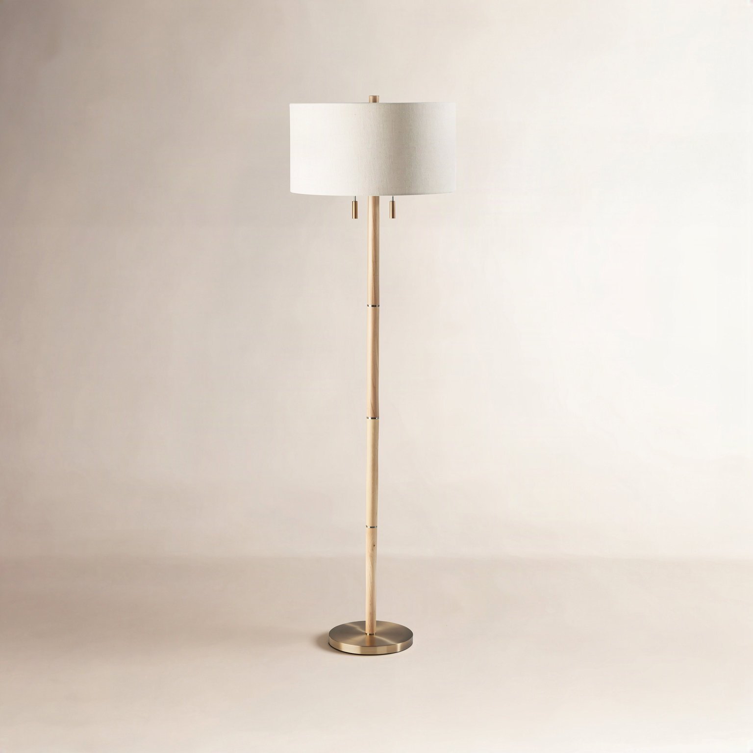 Geno 66.25'' Solid Wood Floor Lamp, Off-White, Natural/Antique Brass