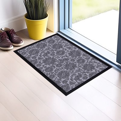 Grand paillasson gris à motif floral