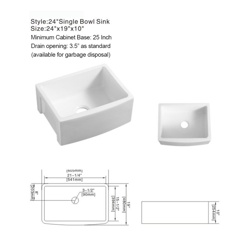 24'' L Single Bowl Fireclay Kitchen Sink
